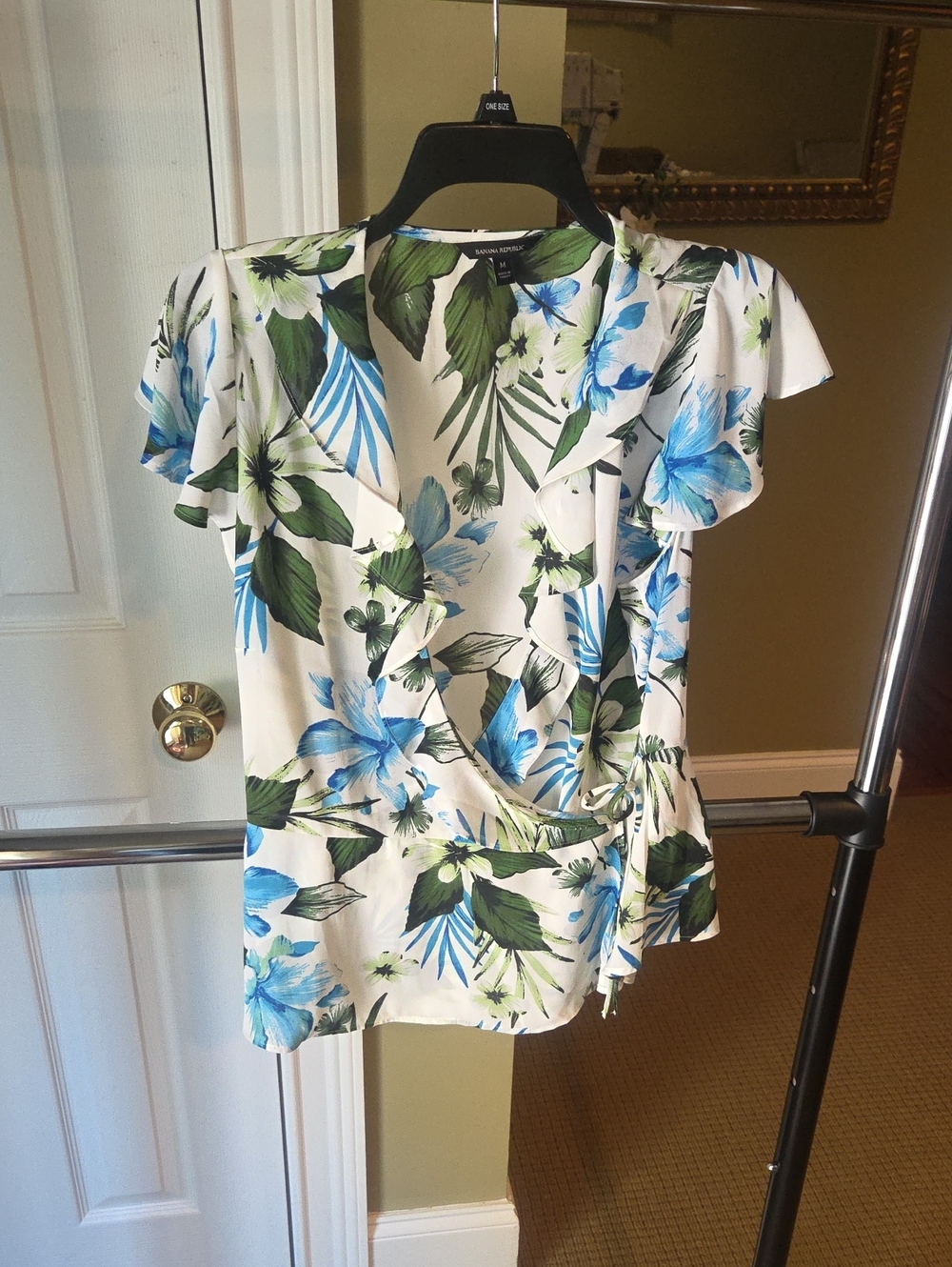Banana Republic White Floral Wrap Top with Blue & Green Leaf Print